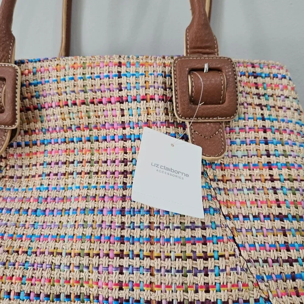Liz Claiborne Rainbow Woven Straw Satchel Bag Multicolor Brown Trim Y2K